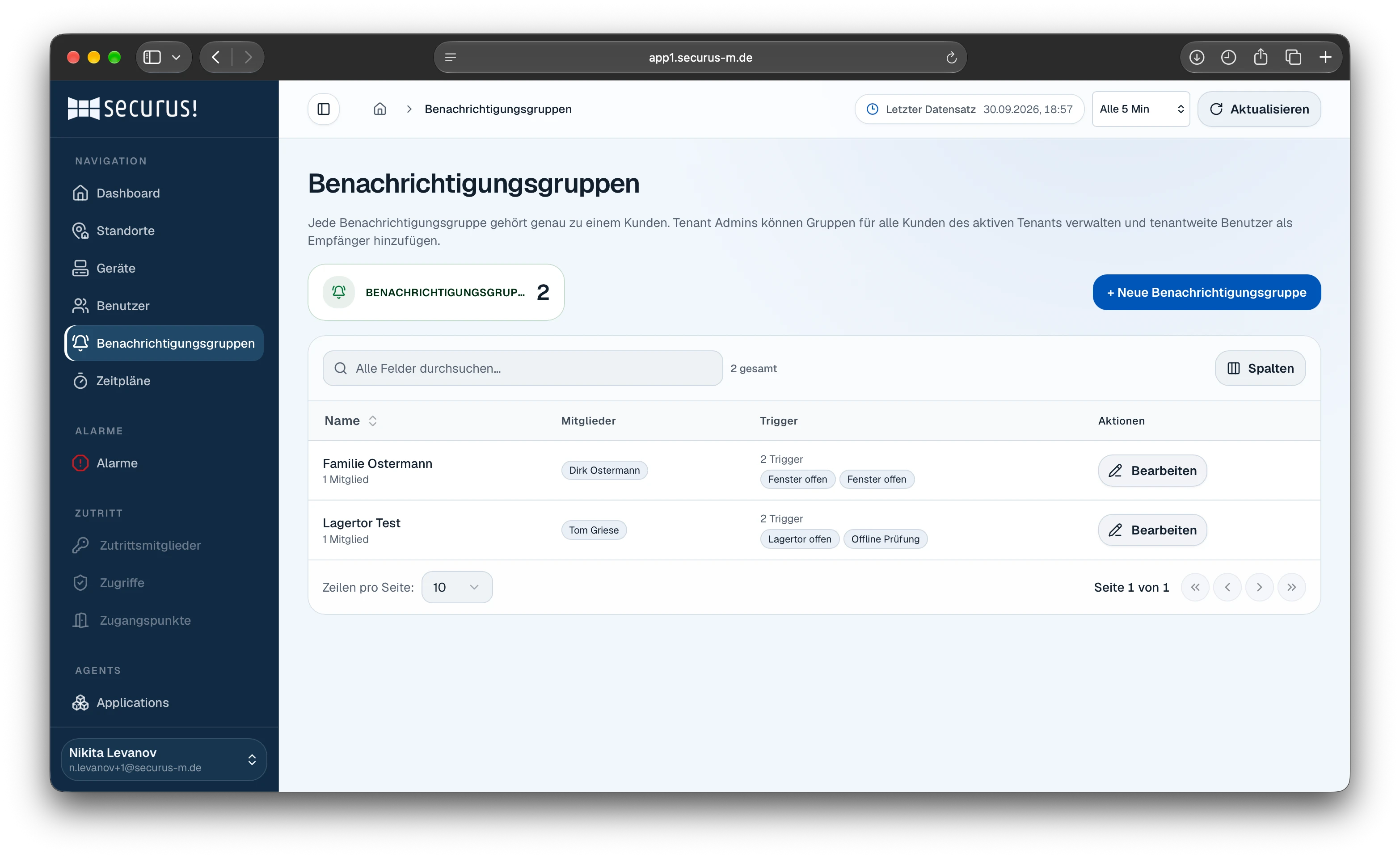 SECURUS Benachrichtigungsgruppen mit Mitgliedern und Alarmregeln