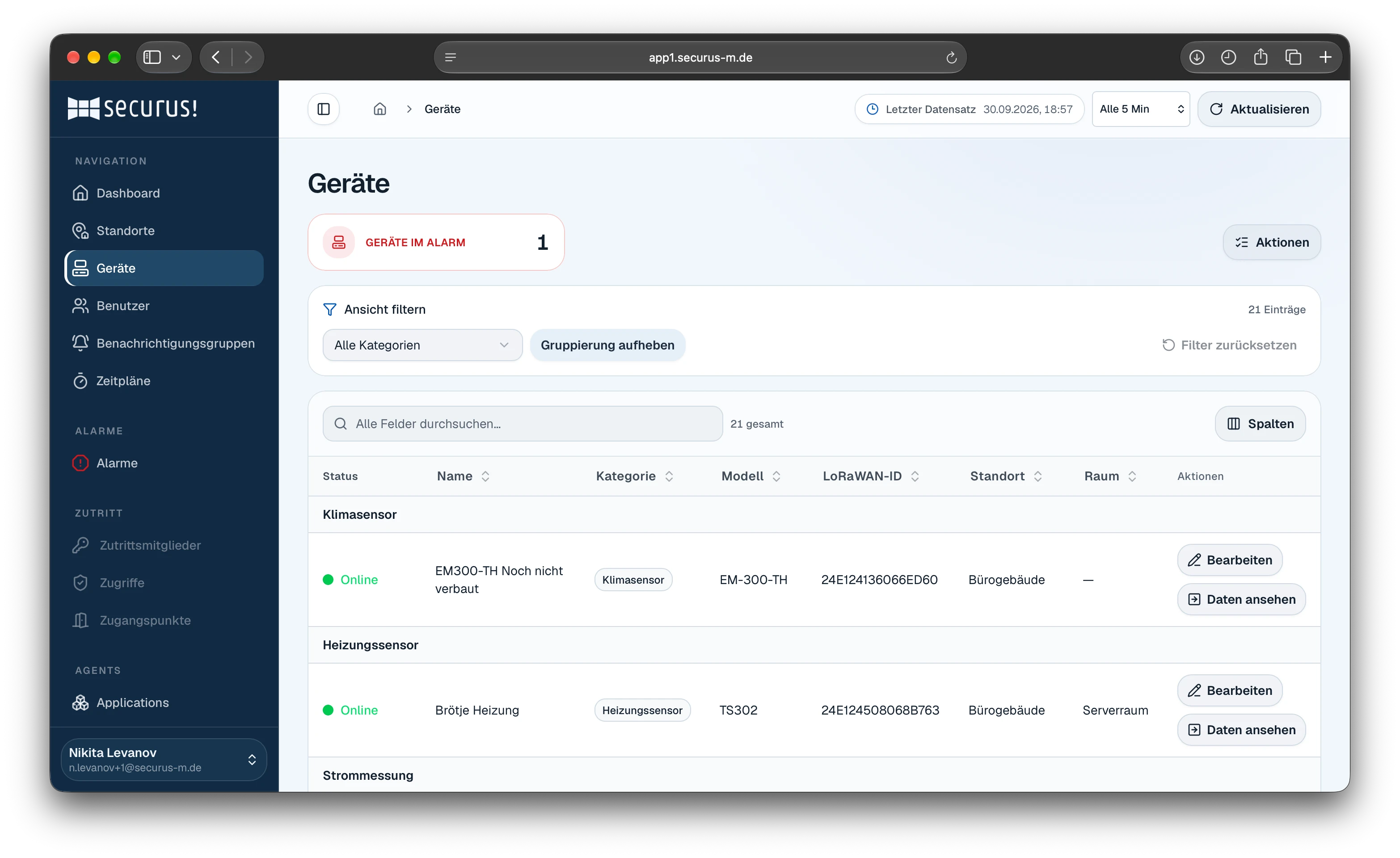 SECURUS Geräteliste mit Status, Kategorie, Modell, LoRaWAN-ID, Standort und Raum