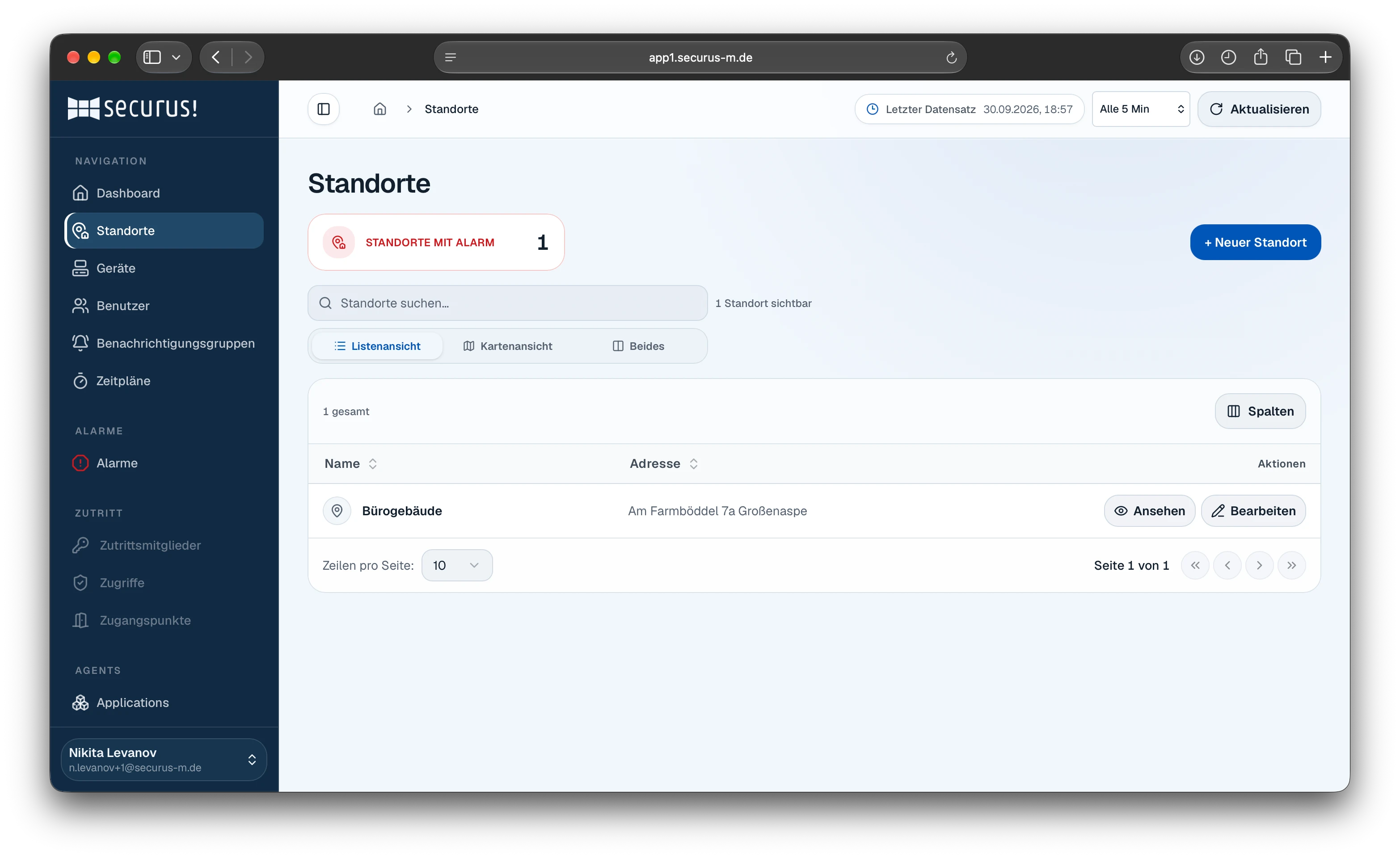 SECURUS Standortliste mit Adressen und Alarmstatus